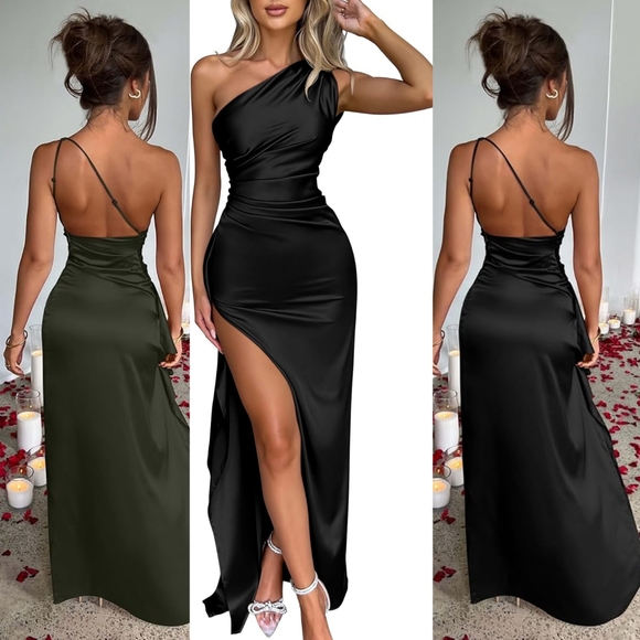 One-Shoulder High-Slit Satin Maxi Dress – Formal / Wedding Guest - Picture 1 of 13